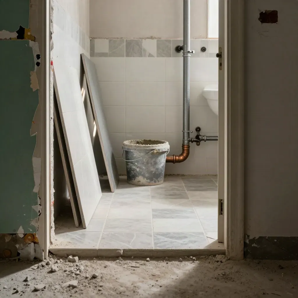 Bagno in ristrutturazione con piastrelle, tubi a vista e polvere sospesa
