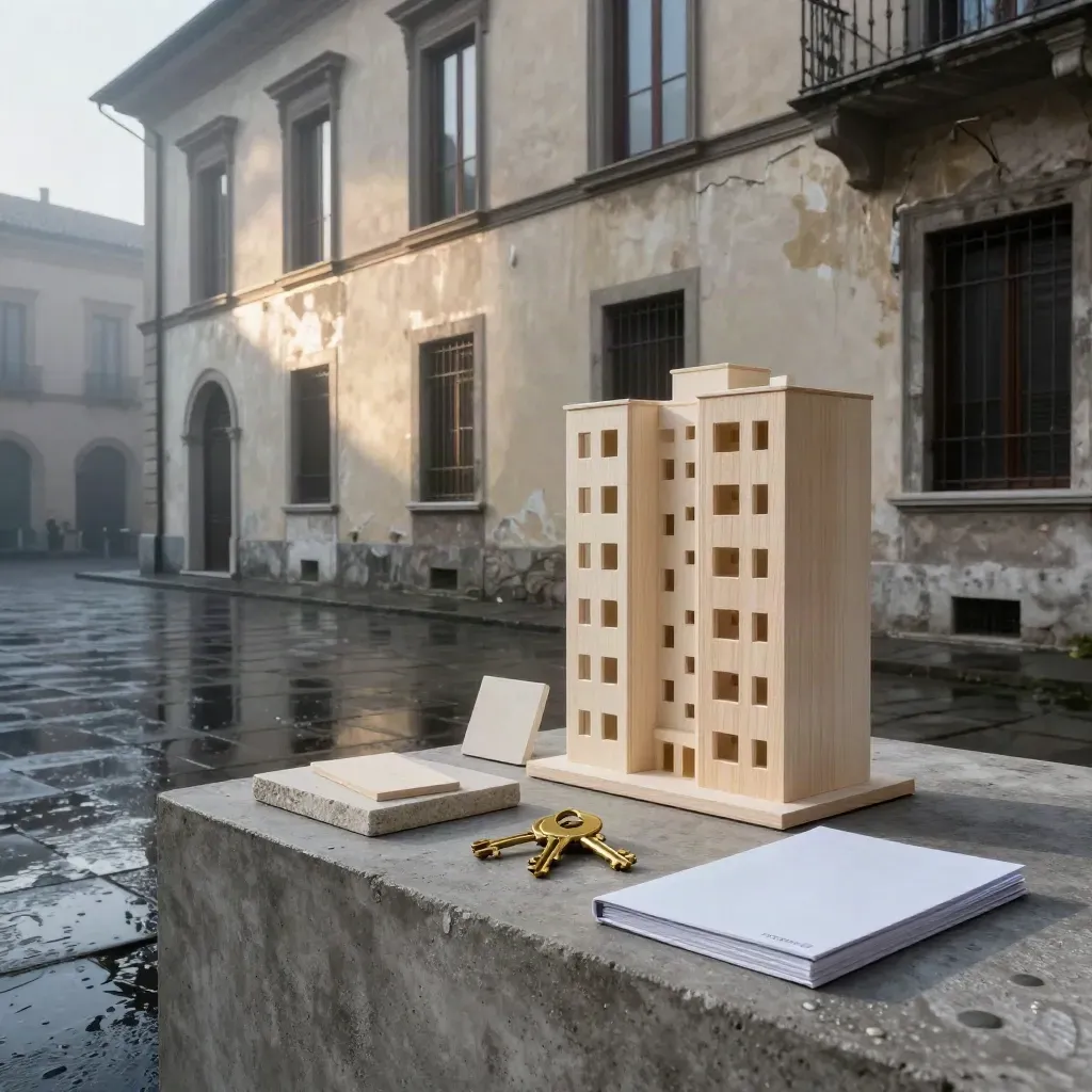 Facciata italiana restaurata con maquette, campioni di pietra e chiavi su basamento bagnato.