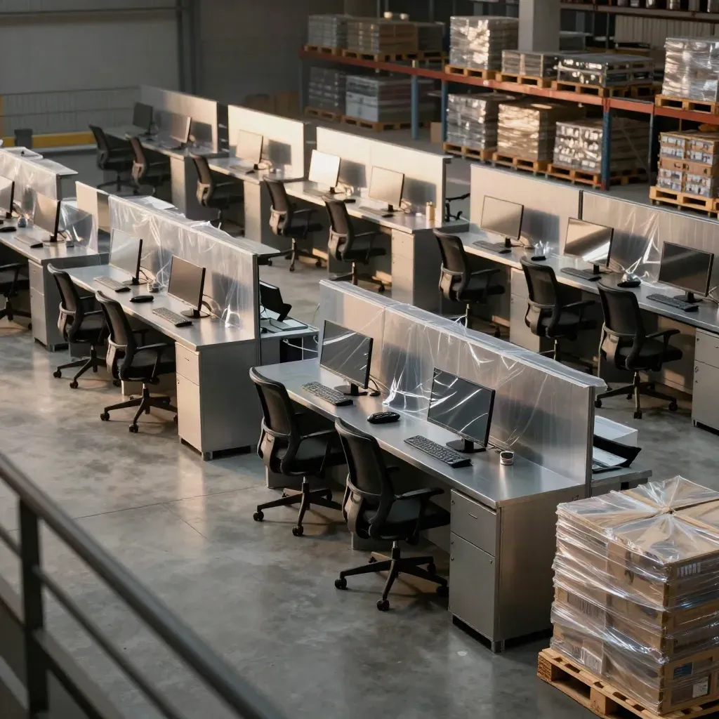 Magazzino ordinato con sedie ufficio, monitor avvolti e armadi metallici in blu hour.