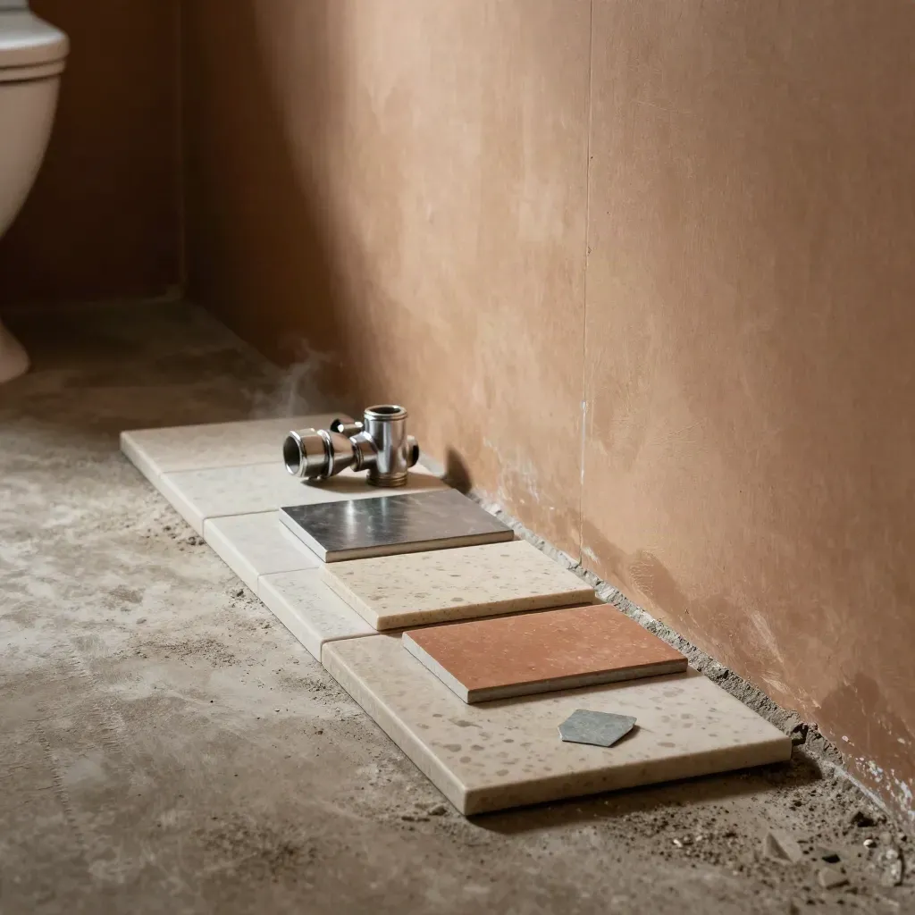 Bagno compatto in ristrutturazione con piastrelle, tubi e campioni materiali sul pavimento.