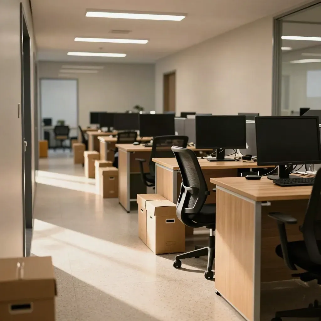 Ufficio riordinato con scrivanie allineate, monitor spenti, sedia ergonomica e scatole chiuse.