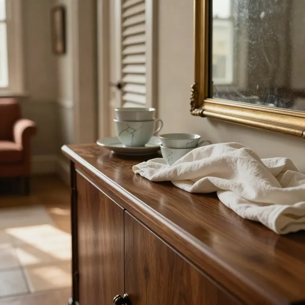 Appartamento ereditato con specchio coperto, ceramiche e persiane abbassate alla luce del pomeriggio.