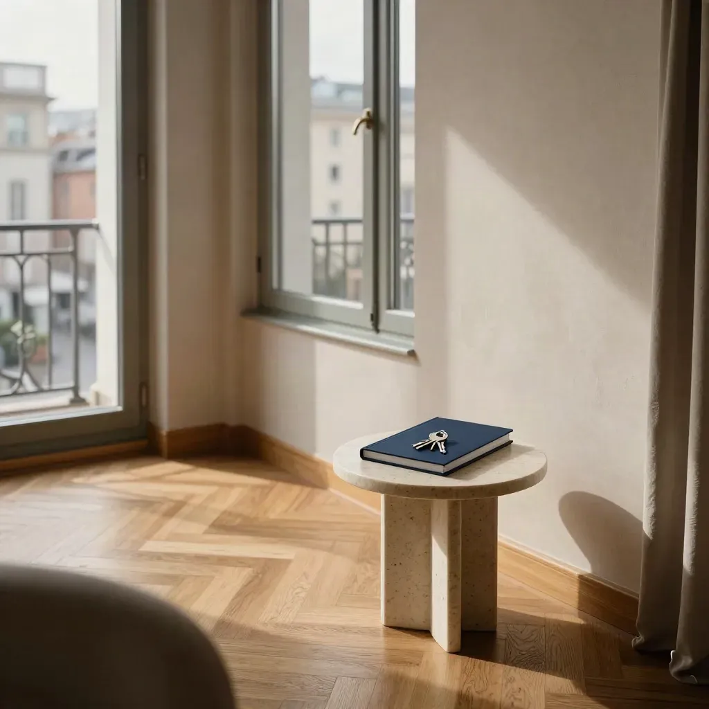 Appartamento milanese luminoso con parquet, finestra alta e tavolino con dossier e chiavi.