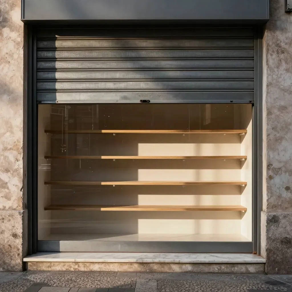 Negozio romano vuoto all’alba, serranda a metà e soglia di marmo illuminata.
