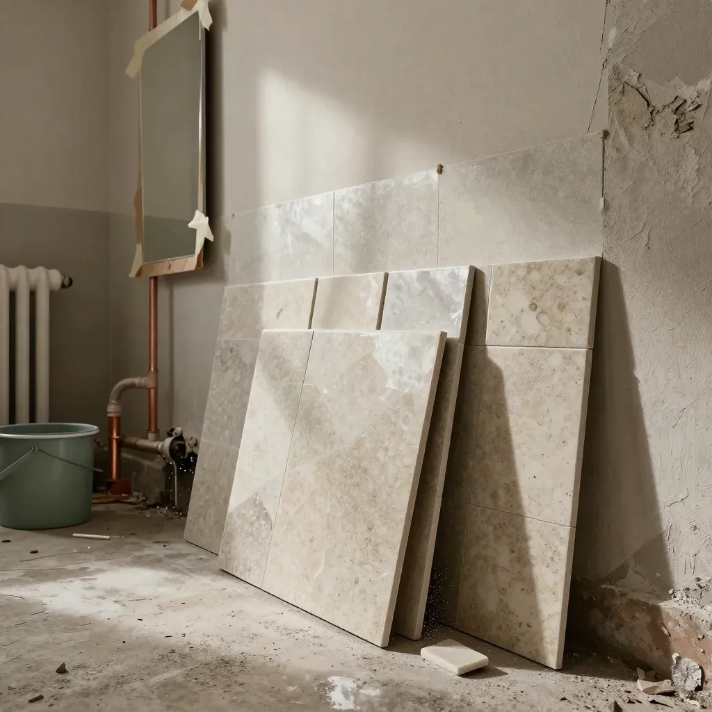 Bagno torinese in ristrutturazione con piastrelle nuove, tubi a vista e polvere sospesa.