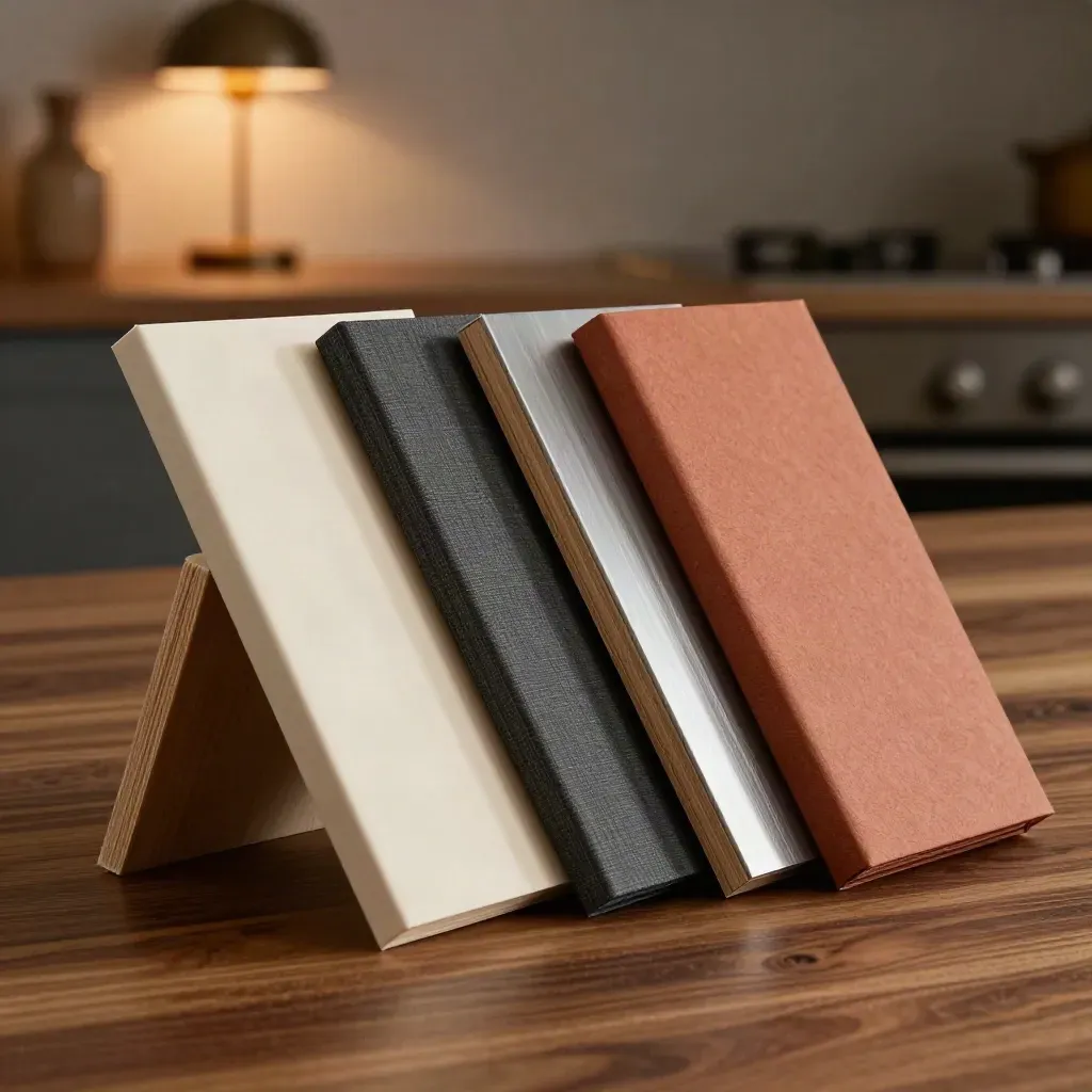 Tre preventivi chiusi e tre campioni materiali su tavolo cucina, lampada calda sullo sfondo.