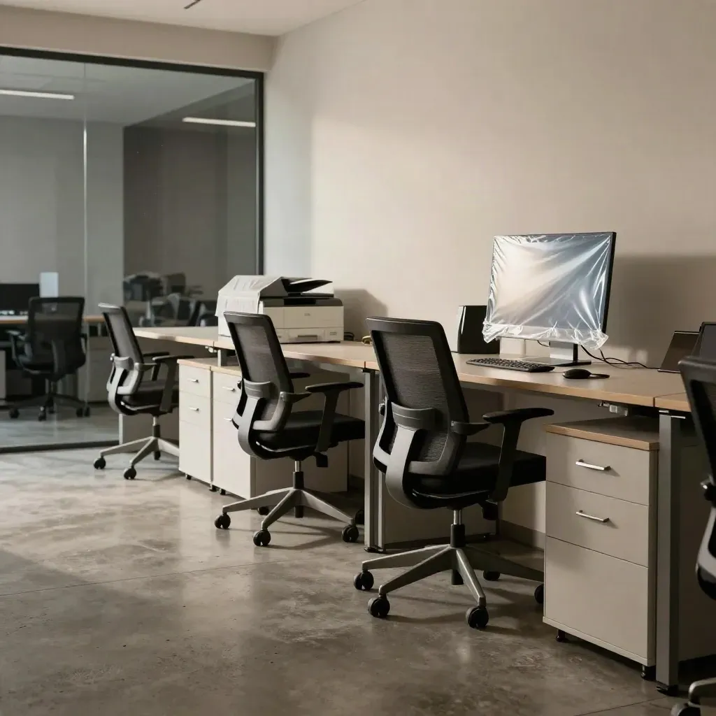 Ufficio open space svuotato con sedie impilate, stampante coperta e monitor avvolto in luce fredda