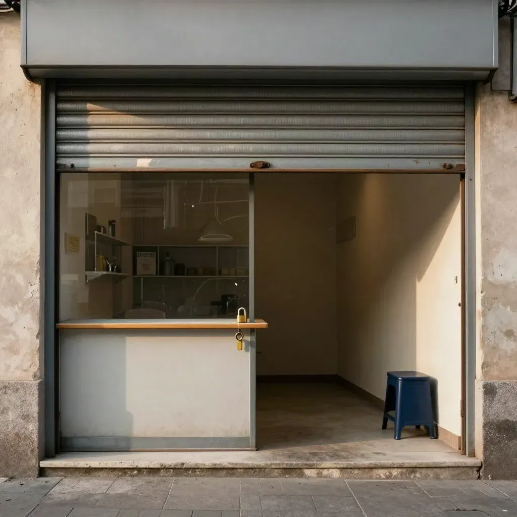 Locale di quartiere vuoto con serranda a metà, chiavi sul bancone e luce del tardo pomeriggio.