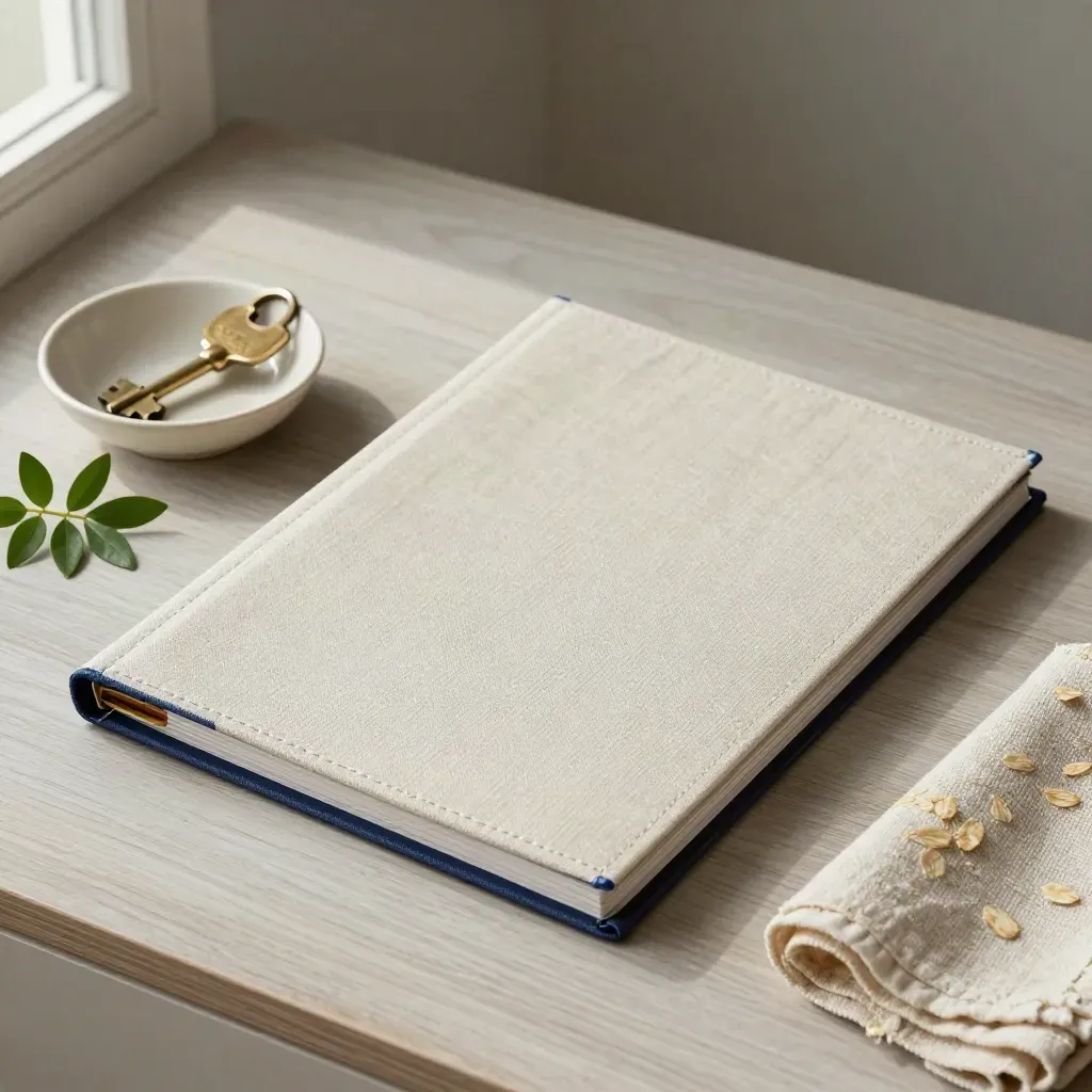 Folder di perizia in lino, chiave in ottone e ramoscello su legno chiaro.