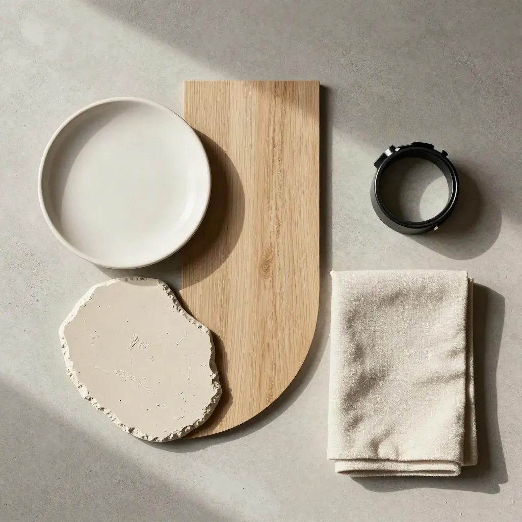 Campioni di ceramica, legno e intonaco con fascetta petrolio e panno piegato su cemento chiaro.