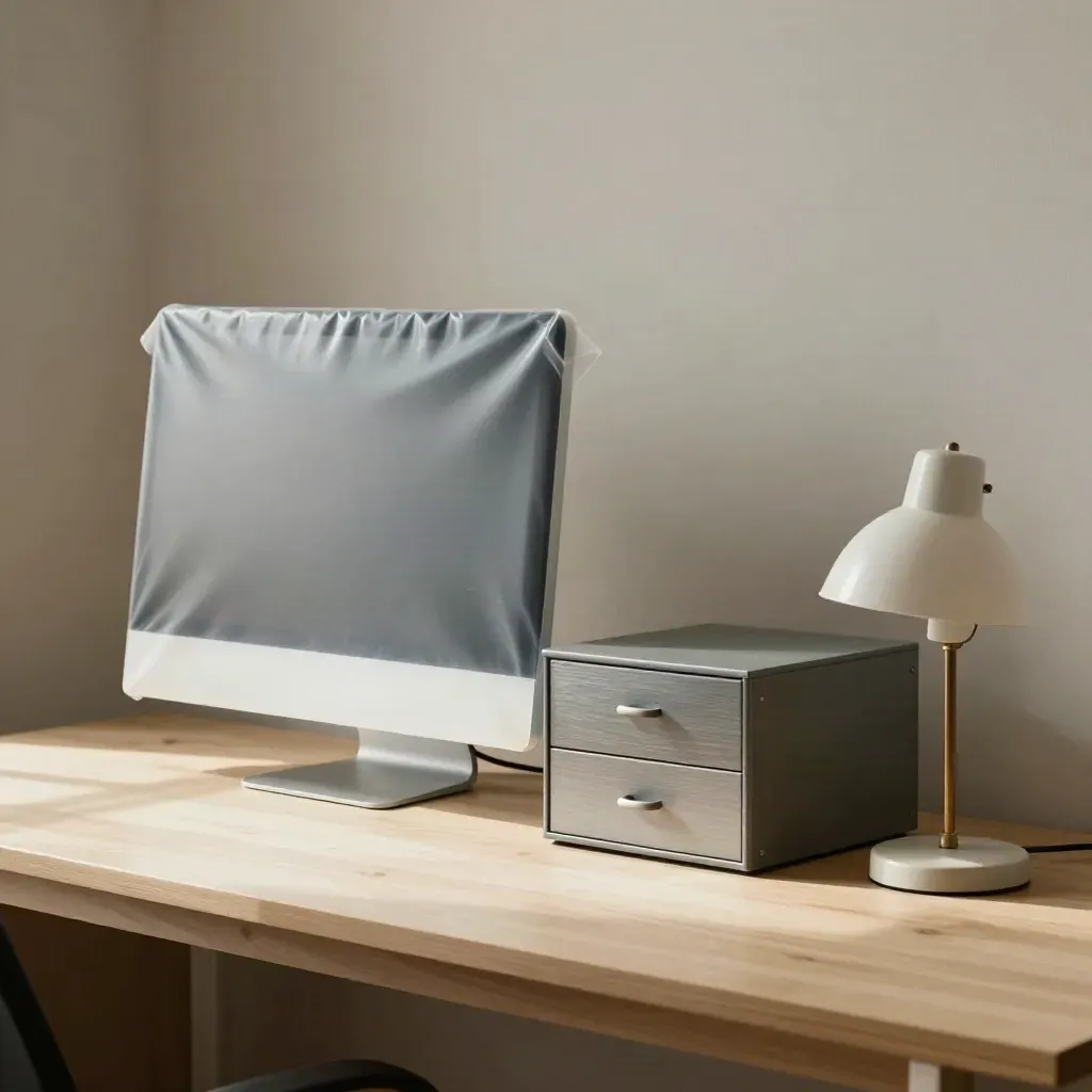 Monitor da ufficio avvolto, cassetto metallico e lampada su legno chiaro.